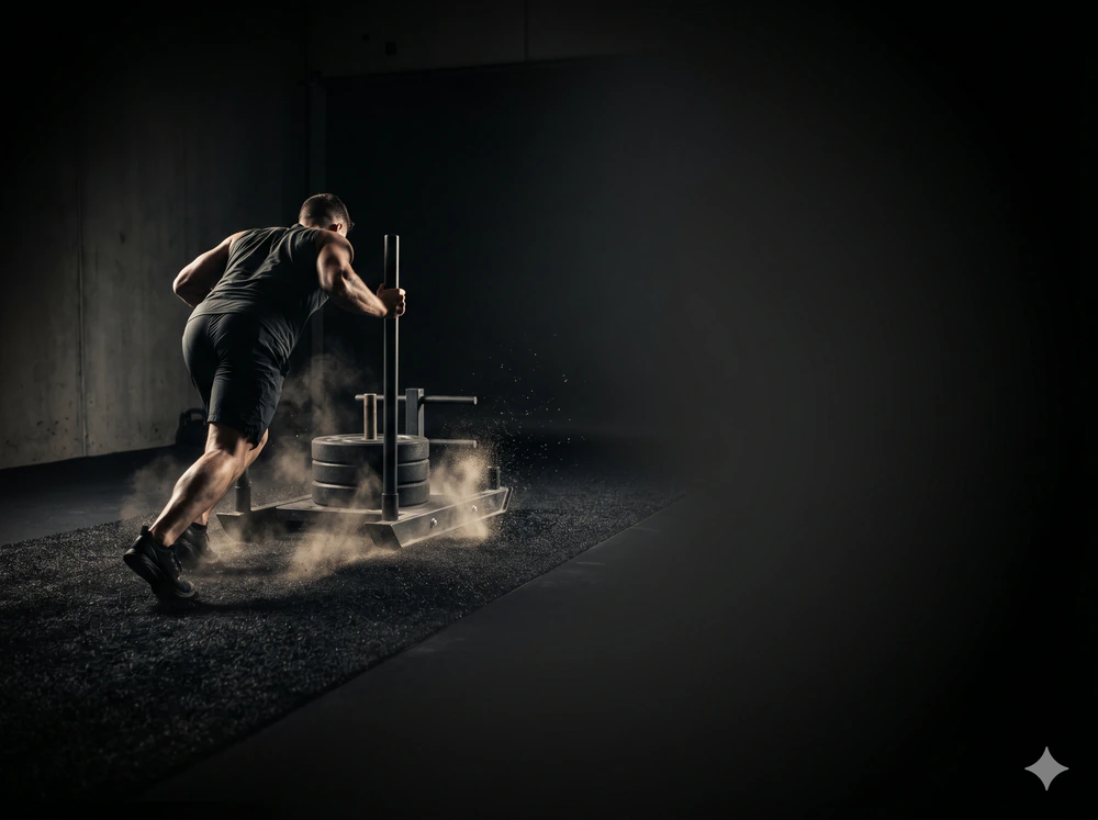 Weighted sled pushed down a training lane under low studio lighting.